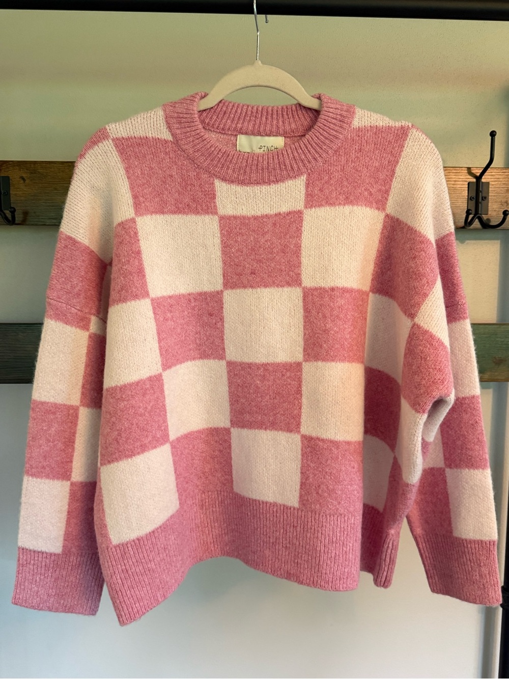 Pinch Pink and Cream Checkerboard Crewneck Sweater